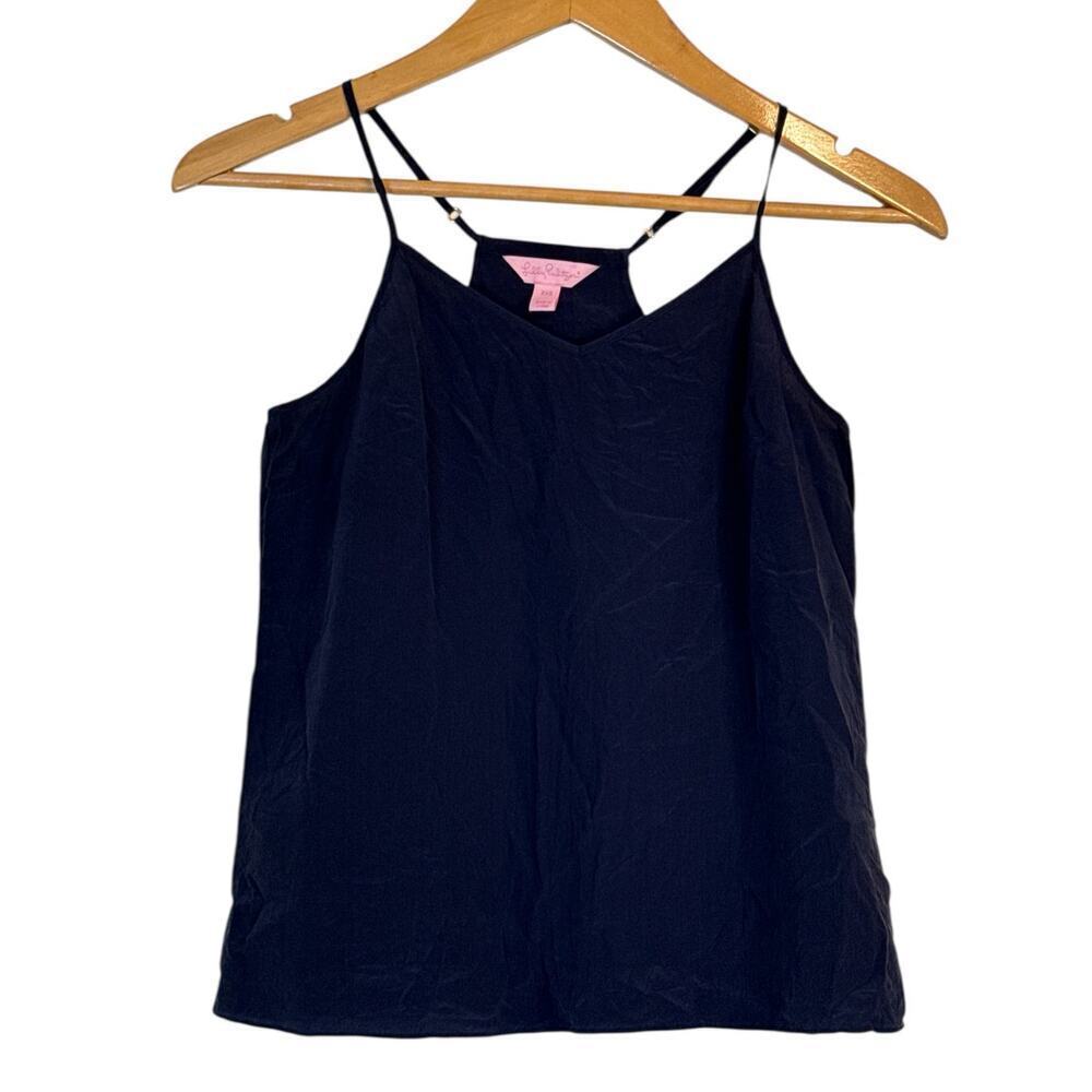 Lilly Pulitzer Women Crinkled Silk Fleur Cami Top Spaghetti Strap Size XXS Navy